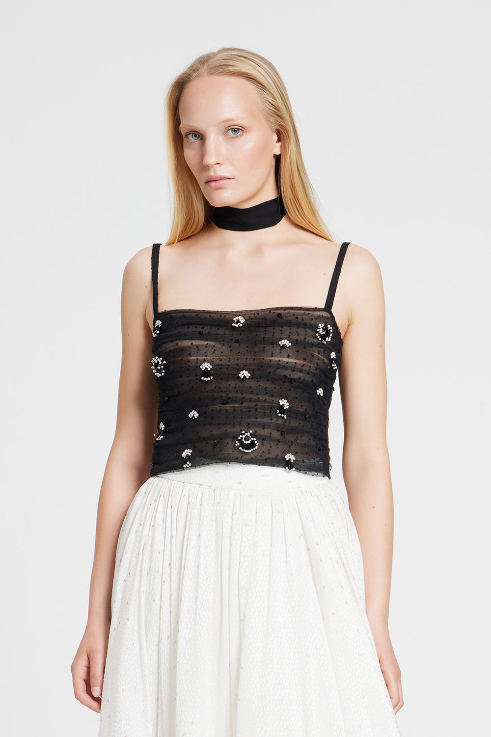 Load image into Gallery viewer, Ruched crystal embroidered top