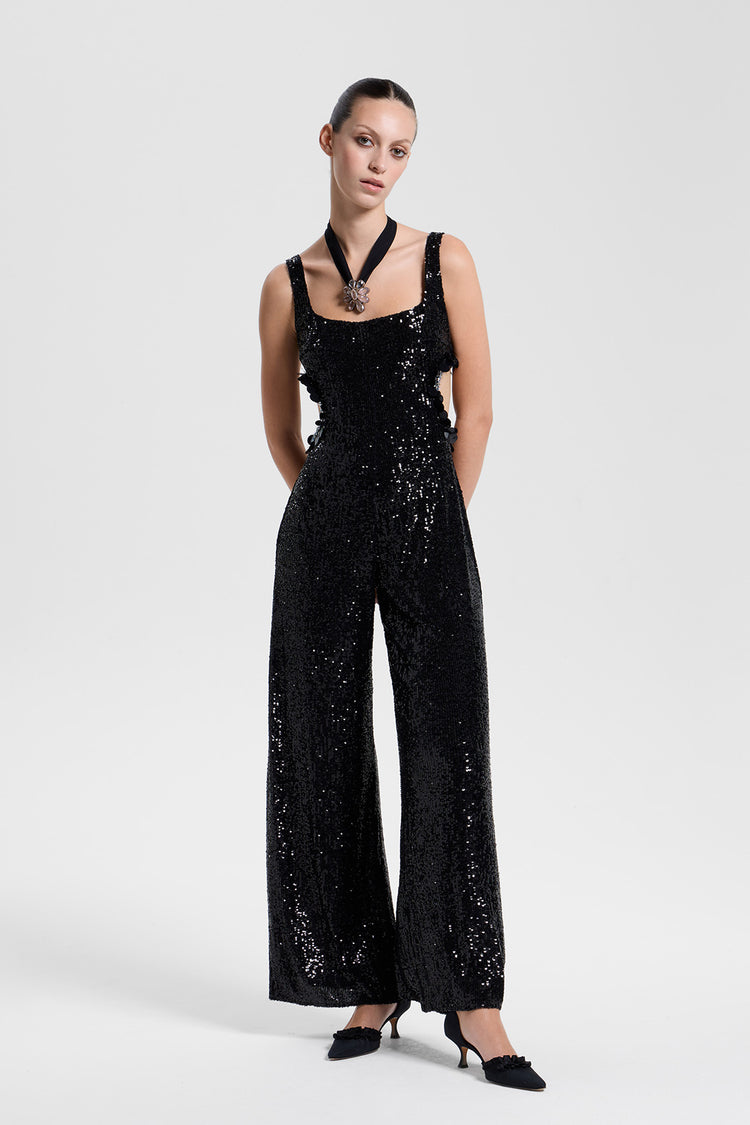 Embroidered sequin cutout jumpsuit