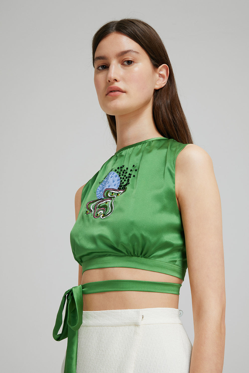 Load image into Gallery viewer, Embroidered green crop top